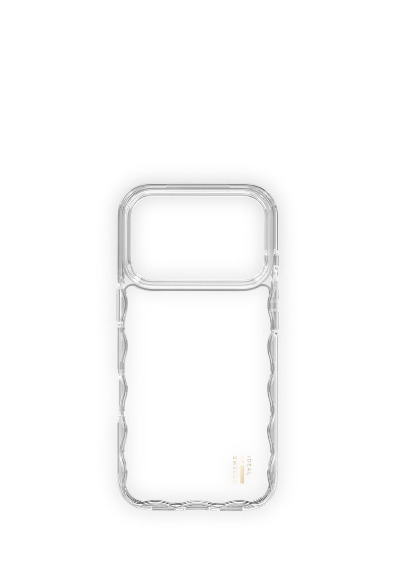 Przezroczyste plastikowe etui na telefon z prostokątnym wycięciem na aparat, z teksturowanym falistym brzegiem i wytłoczonym logo na dole.