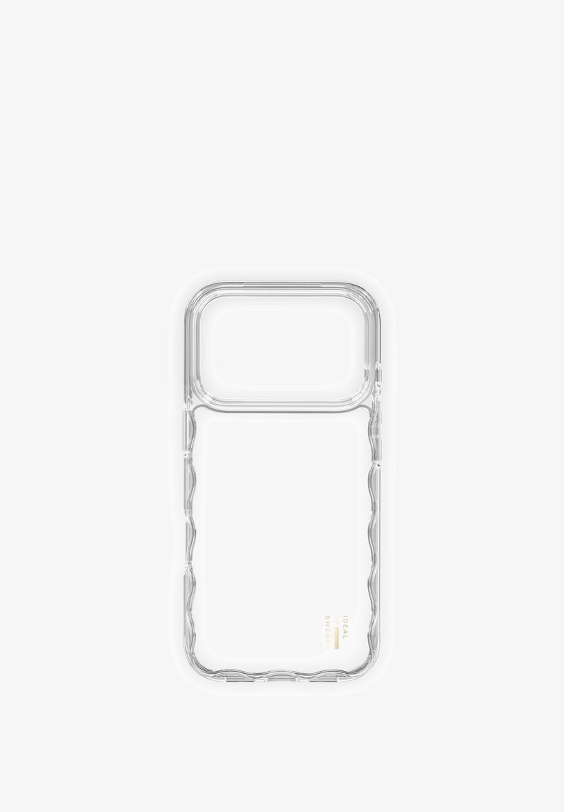 Przezroczyste plastikowe etui na telefon z prostokątnym wycięciem na aparat, z teksturowanym falistym brzegiem i wytłoczonym logo na dole.