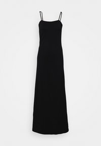 Czarna maxi sukienka z cienkimi regulowanymi ramiączkami, wykonana z gładkiego materiału, z dopasowanym gorsetem i zwiewną spódnicą. Bez dodatkowych wzorów.