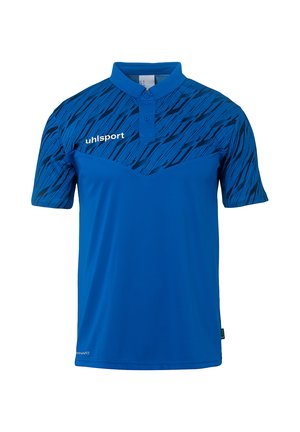 Blauwe poloshirt van lichtgewicht stof met een gestructureerd zwart patroon over de schouders en een kraag met drie knopen. Voorzien van logo aan de voorkant.