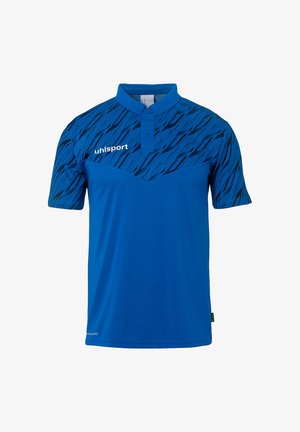 Blauwe poloshirt van lichtgewicht stof met een gestructureerd zwart patroon over de schouders en een kraag met drie knopen. Voorzien van logo aan de voorkant.