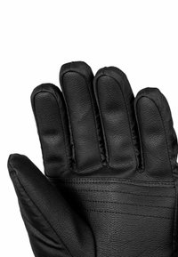 Schwarze Handschuhe aus Leder mit strukturierter Oberfläche. Merkmale sind gepolsterte Finger und Nähdetails über die Handfläche.