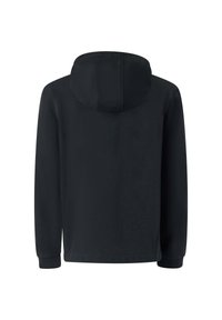 Felpa nera con cappuccio e maniche lunghe, in tessuto a maglia, con una finitura testurizzata e un design semplice. Senza loghi o motivi visibili.