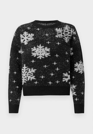 Pull noir avec des motifs de flocons de neige et d'étoiles blancs, fabriqué en tissu texturé, col rond, et ourlet et poignets côtelés.