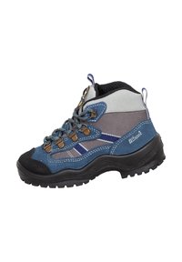 Blaue und graue Wanderschuhe mit schwarzer Sohle, Metallösen, Stoffschlaufen und Zugschlaufen an Zunge und Ferse.