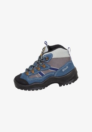 Blaue und graue Wanderschuhe mit schwarzer Sohle, Metallösen, Stoffschlaufen und Zugschlaufen an Zunge und Ferse.