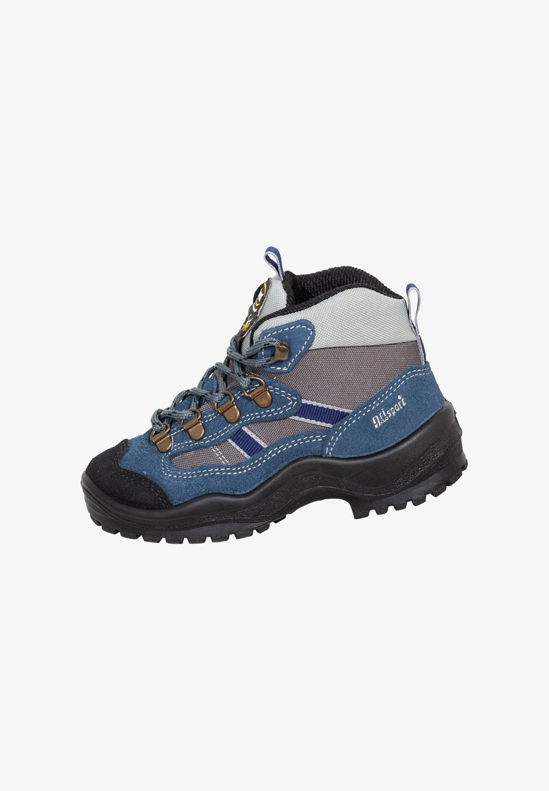 Blaue und graue Wanderschuhe mit schwarzer Sohle, Metallösen, Stoffschlaufen und Zugschlaufen an Zunge und Ferse.