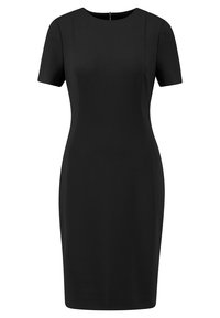 Schwarzes kurzärmliges Kleid mit taillierter Silhouette, Rundhalsausschnitt und Reißverschluss hinten. Glatte Textur und minimalistisches Design.