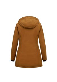 Bruine geïsoleerde jacket met een capuchon, lange mouwen en zwarte boorden. Heeft naaddetails voor een getailleerd silhouet en een gladde textuur.