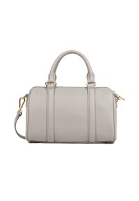 Borsa in pelle grigia chiara con texture, doppie maniglie arrotondate, tracolla removibile e finiture in oro su sfondo bianco.