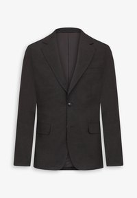 Mørkebrun blazer med et tekstureret stof, to forlommer, enkelt knaplukning, spidse klapper og en uforet inderside.