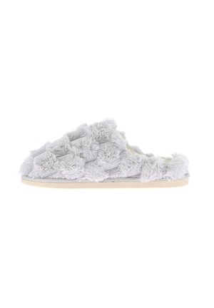 Pantofole grigie morbide con un esterno peloso e testurizzato. Design open-toe, con una morbida fodera e una suola piatta di colore chiaro.