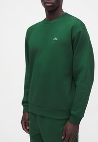 Personne portant un sweat-shirt vert uni à manches longues et un pantalon assorti avec un petit logo crocodile brodé sur la poitrine.