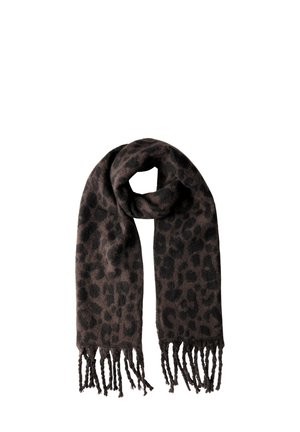 Écharpe imprimée léopard en marron foncé et noir, fabriquée en tissu doux, avec des extrémités frangées et une forme longue et rectangulaire.