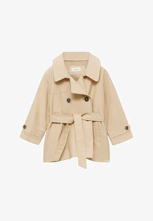 Trench coat beige realizzato in tessuto leggero, con bottoni doppi, vita con cintura e maniche arrotolate con dettagli in bottone.