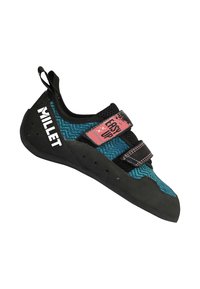 Climbing shoe with a blue and black patterned upper, velcro straps, rubber sole, and 'Millet' logo. Designed for performance and grip.