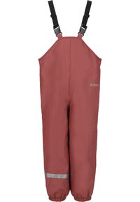 Waterdichte maroon overalls met verstelbare zwarte banden, elastische enkels en een reflecterende zilveren streep bij de manchetten.