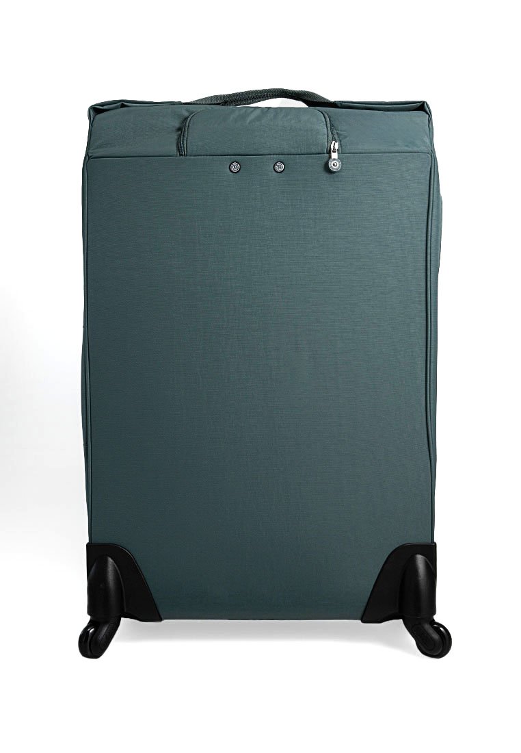 Valise souple vert foncé avec une poignée supérieure, une poche zippée à l'avant, deux roulettes pivotantes noires et des protections d'angle.