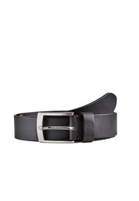 Black leather belt with a silver metal buckle. Features a smooth texture and a red accent on the side near the buckle. Plain design.