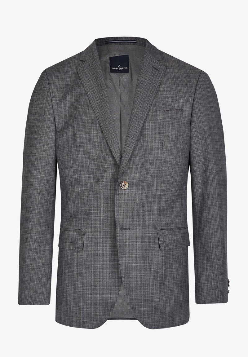 Blazer à carreaux gris en tissu texturé. Comprend un bouton unique, des revers en pointe, deux poches avant et une poche poitrine.