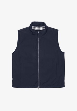 Gilet senza maniche blu navy con zip frontale e colletto alto, dotato di una fodera interna check bianco e nero sul colletto.