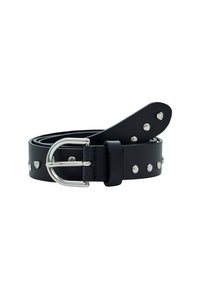 Schwarzer Leder Gürtel mit silberner Hardware, Nietenverzierung und einer runden Schnalle. Der Gürtel hat kreisförmige und herzförmige Akzente.