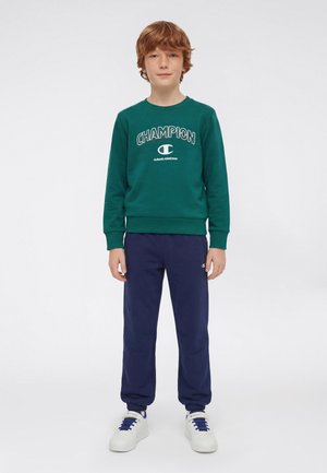 Ragazzo con capelli rossi che indossa una felpa verde Champion, pantaloni della tuta blu navy e sneaker bianche, in piedi davanti a uno sfondo bianco semplice.