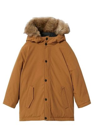 Parka d'hiver marron avec capuche doublée de fourrure, boutons-pression noirs et deux poches avant, conçu pour le temps froid.