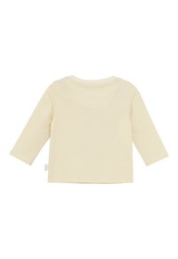 Cremfarbener Langarm-Babytop, schlichtes Design, weicher Stoff, keine sichtbaren Knöpfe oder Grafiken, von hinten gezeigt.