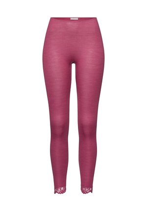 Fuchsia leggings with a soft, ribbed texture and lace trim at the ankles. High waist design, form-fitting shape.