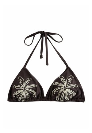 Top de bikini negru în formă de triunghi, cu broderie albă în stil coardă reprezentând un palmier și închidere cu nod la gât.