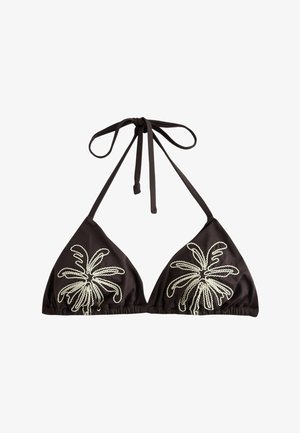 Must kolmnurkne bikiinitop, millel on valge köisstiilis palmiõie tikand ja kaela taha seotud nöörkinnitus.
