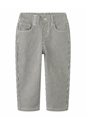Pantalon pour tout-petits rayé vertical noir et blanc avec fermeture par boutons, poches avant et passants de ceinture.