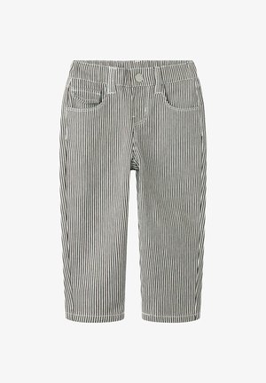 Pantalon pour tout-petits rayé vertical noir et blanc avec fermeture par boutons, poches avant et passants de ceinture.