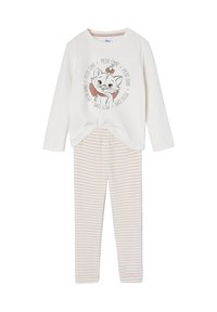 Cotton pajama set featuring a long-sleeve cream top with a cartoon cat print and pink striped pants. Soft texture with round neckline.