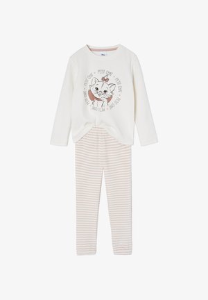 Cotton pajama set featuring a long-sleeve cream top with a cartoon cat print and pink striped pants. Soft texture with round neckline.