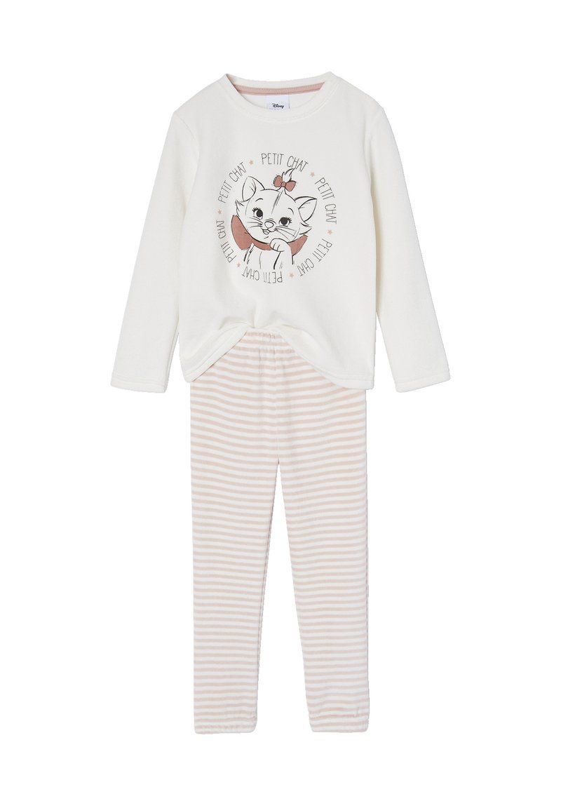 Cotton pajama set featuring a long-sleeve cream top with a cartoon cat print and pink striped pants. Soft texture with round neckline.