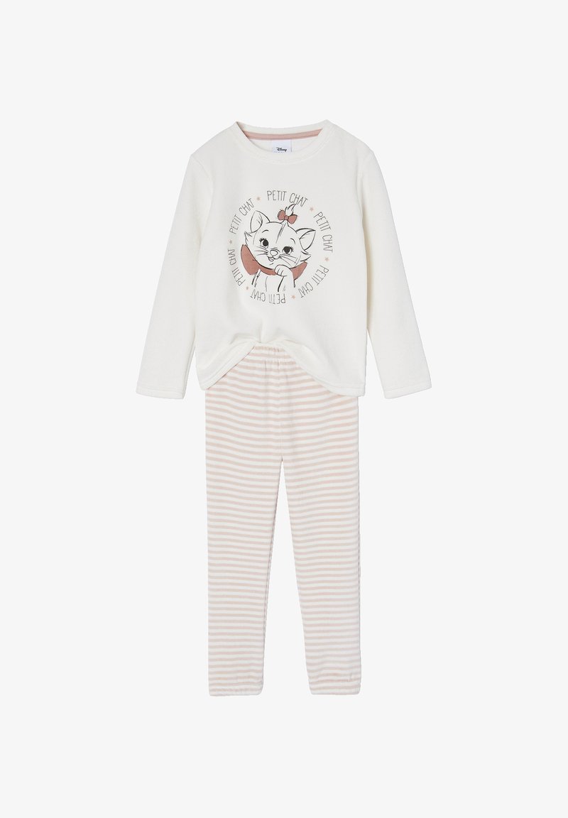Cotton pajama set featuring a long-sleeve cream top with a cartoon cat print and pink striped pants. Soft texture with round neckline.