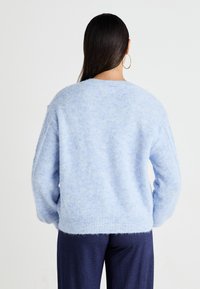 Hellblauer Pullover aus weichem Material mit Rundhalsausschnitt und geripptem Saum. Hat fallende Schultern und einen lässigen Schnitt. Getragen mit dunklen Hosen.