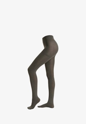 Collants opaques gris foncé, présentant une texture lisse et un design ajusté, se rétrécissant jusqu'à la cheville sans motifs ni accents visibles.