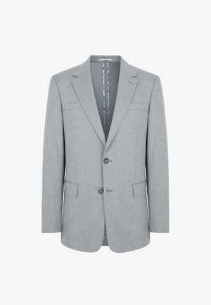 Jasnoszary żakiet z teksturowanej tkaniny, z dwoma przednimi kieszeniami, dwoma guzikami i wzorzystą podszewką. Klasyczny fason jednozgniatany.