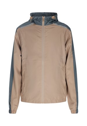 Beige en donkergrijze lichtgewicht jas met een capuchon, volledige rits, elastische manchetten en zijzakken. Gladde textuur met contrasterende schouderpanelen.