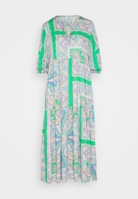 Zelené maxi šaty s paisley vzory, krátkými nabranými rukávy, výstřihem ve tvaru klíče a volánkovou sukní. Vyrobeno z lehkého materiálu.