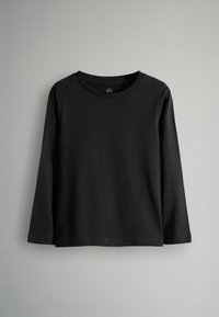 Schwarzes Langarmshirt aus weichem Stoff, mit einem Rundhalsausschnitt und geradem Saum. Einfaches, einfarbiges Design ohne Muster oder Akzente.