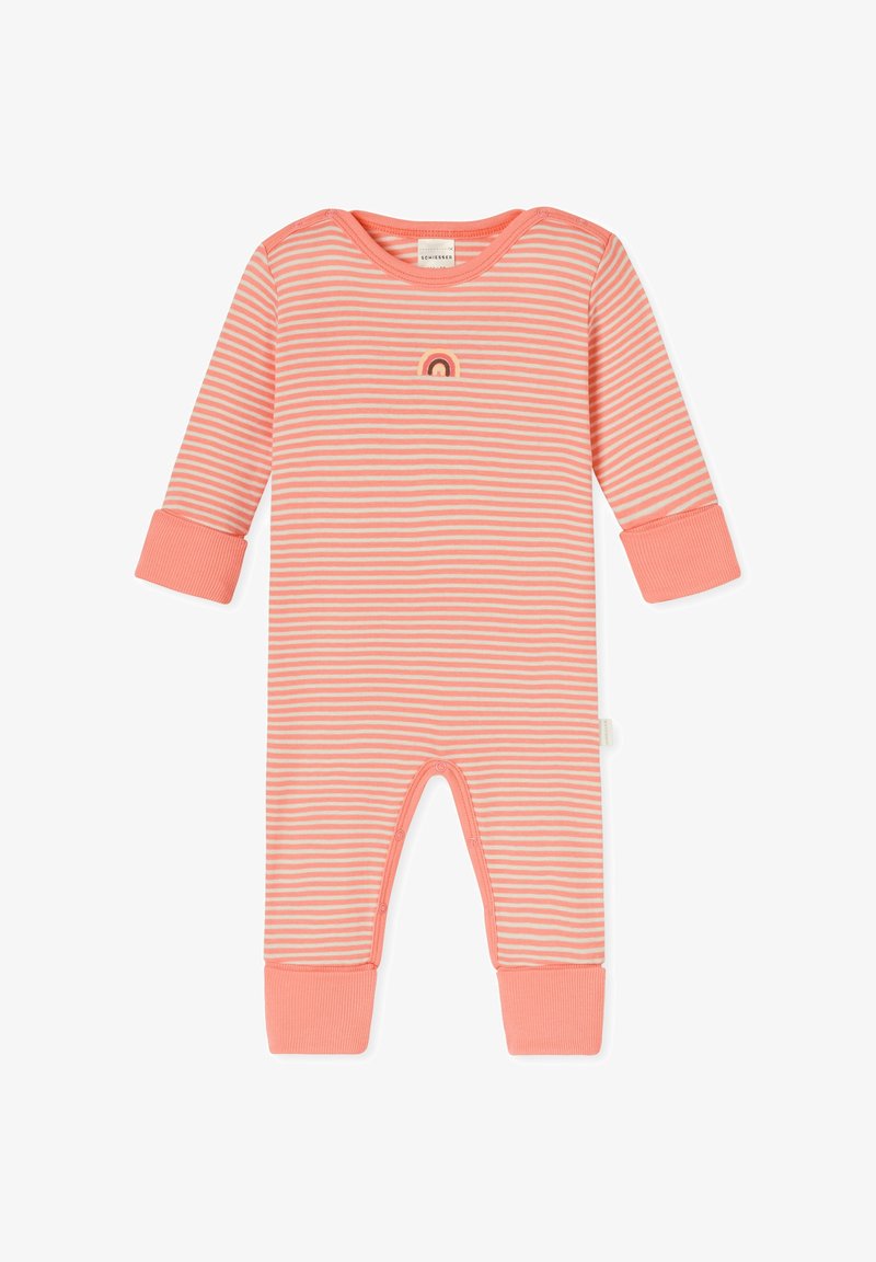 Long-sleeve, pink and white striped onesie with a small rainbow design on the chest and ribbed cuffs at the sleeves and ankles.