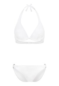 Wit bikini set met een driehoekige haltertop met striksluiting en een lage taille onderkant met zijhardware accenten.