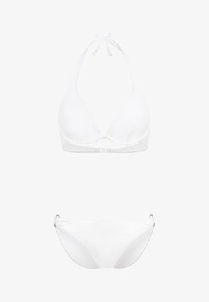 Weißes Bikini-Set mit einem dreieckigen Halterneck-Oberteil mit Bindeschluss und einem tief sitzenden Unterteil mit seitlichen Hardware-Details.