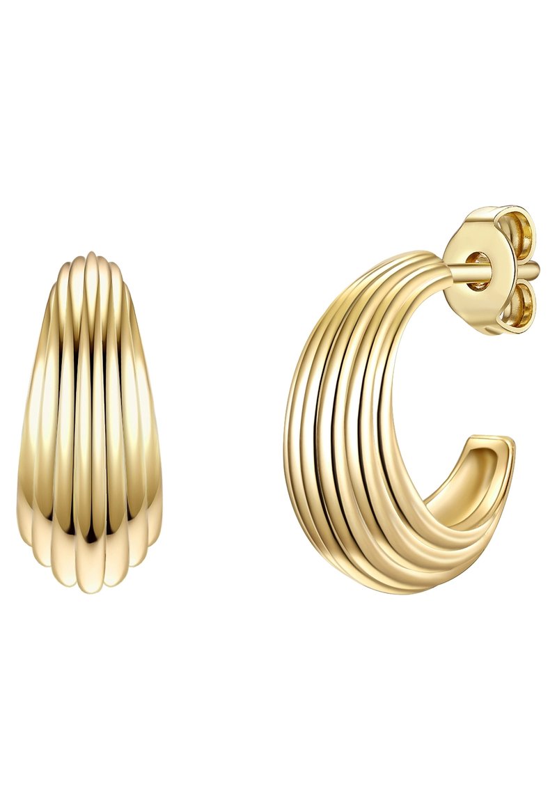 Aukso spalvos auskarai su grioveliuotu dizainu. Vienas yra ašaros formos, o kitas - išlenktas žiedas, abu su blizgiu paviršiumi.