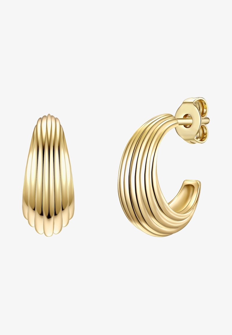 Aukso spalvos auskarai su grioveliuotu dizainu. Vienas yra ašaros formos, o kitas - išlenktas žiedas, abu su blizgiu paviršiumi.