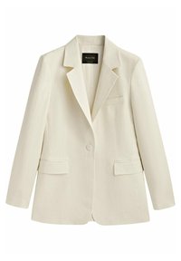 Beiger Blazer aus leichtem Stoff mit Reverskragen, Ein-Knopf-Verschluss, zwei Vorderentaschen und einer Brusttasche.